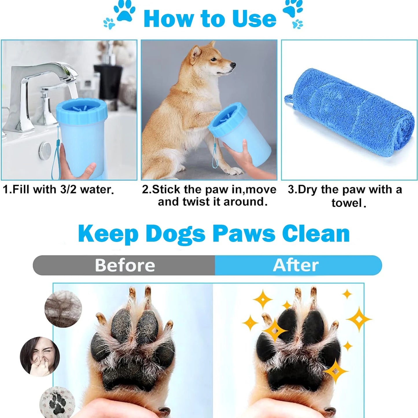 Portable Dog Paw Washer Set: Silicone Muddy Dog Paw Cleaner Cup with 3Pcs Absorbent Towels and Adjustable Dog Bath Brush - Pet Paw Cleaner for Large Medium Dog