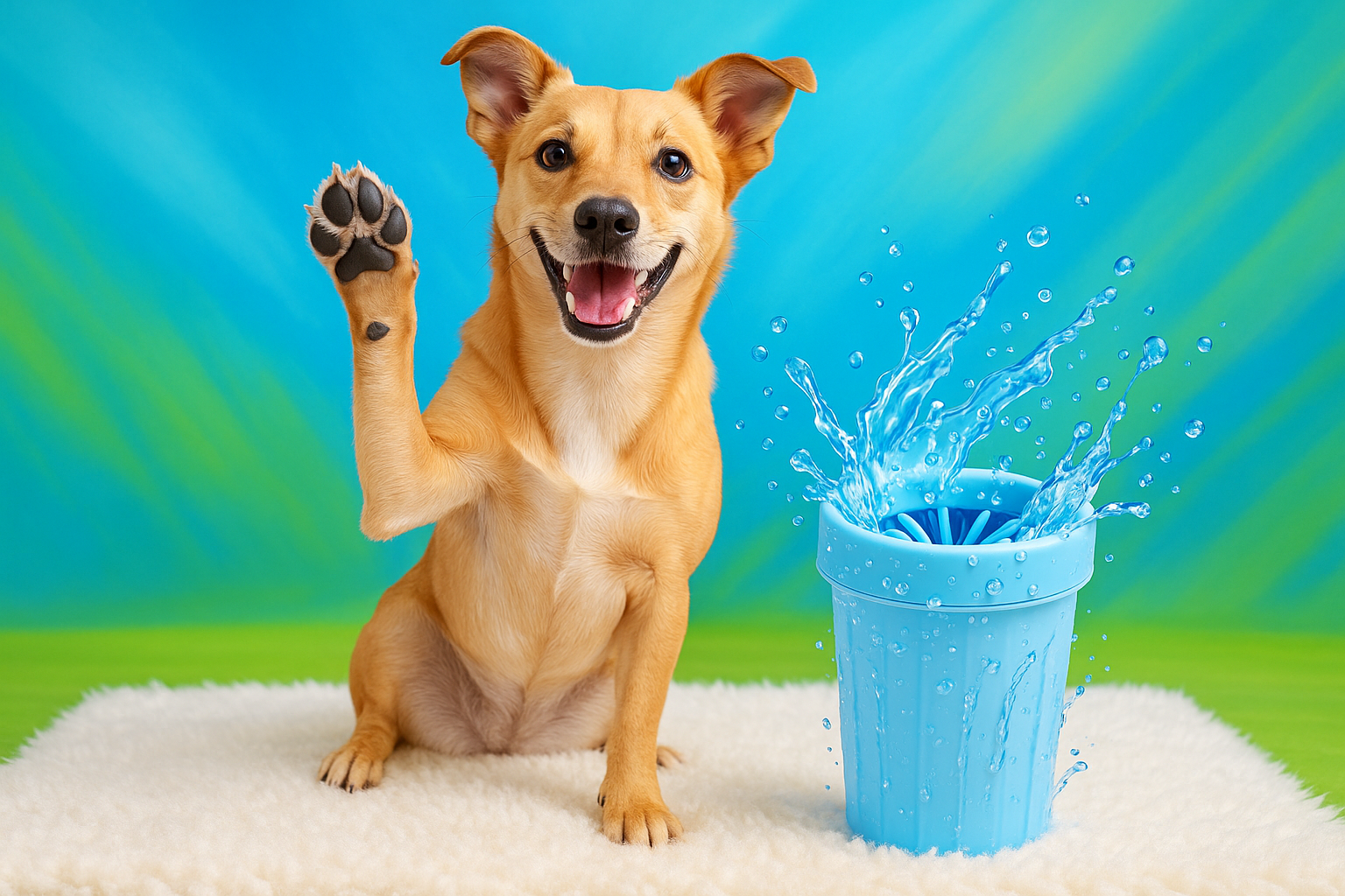 A happy dog sitting on a clean white rug, holding one paw up like it’s showing it off ✨.

Next to the dog = your Paw Cleaner Cup with a fun water splash effect.

Background = bright, playful colors (blue + green = freshness & cleanliness).

